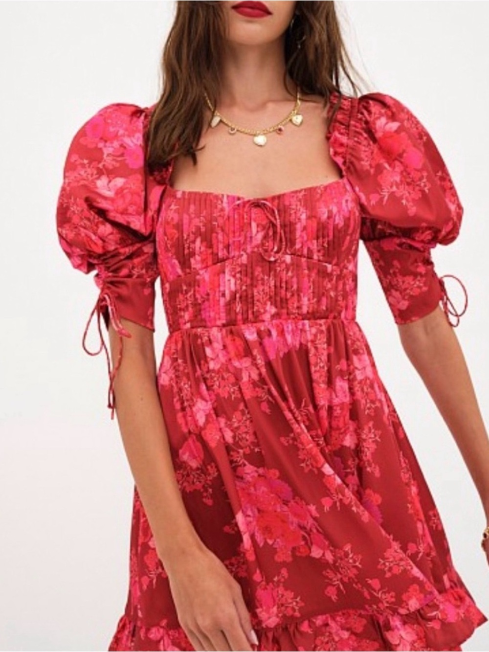 For Love & Lemons Red Floral Puff-Sleeve Mini Dress LIKE NEW